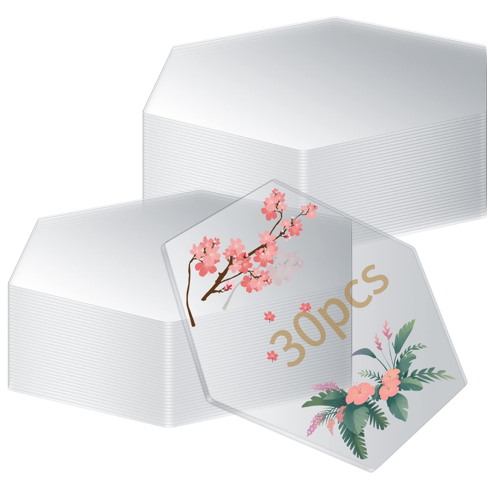 30 Clear Acrylic Sheets, Transparent Acrylic Blanks - Hexagonal Panels for Picture Frame Painting, DIY Crafts Display Base Stand, Place Card Names