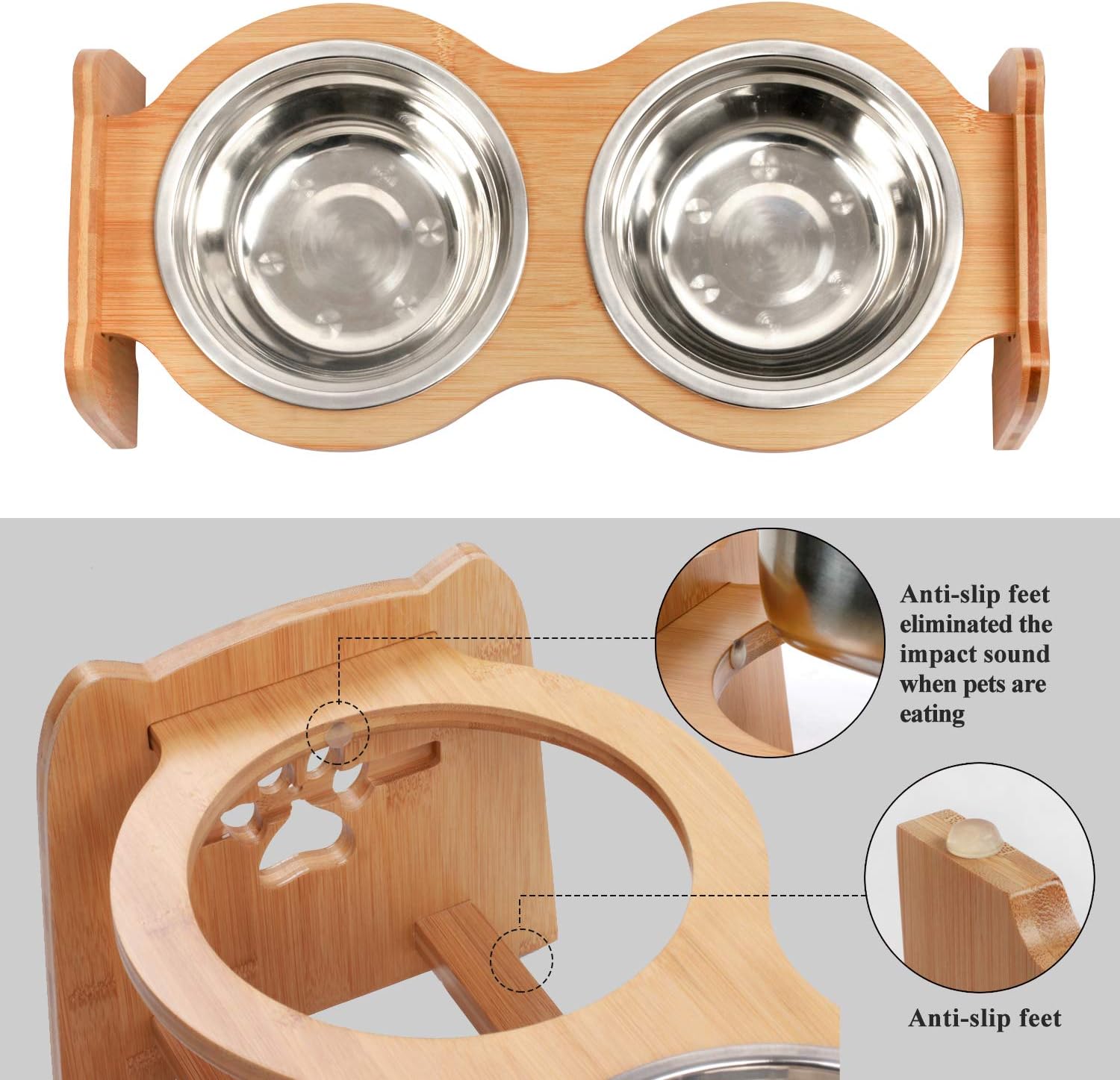 Kitchen & Dining : X-ZONE PET Raised Pet Bowls for Cats and Dogs, Adjustable Bamboo Elevated Dog Cat Food and Water Bowls Stand Feeder with 2 Stainless Steel Bowls and Anti Slip Feet (Height 16.3") : 