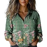 LOVESHOOT Women's Button Down Shirts 2025 Vintage Floral Boho Lapel V Neck Long Sleeve Blouses Dressy Casual Top with Pocket Green Flower Size M