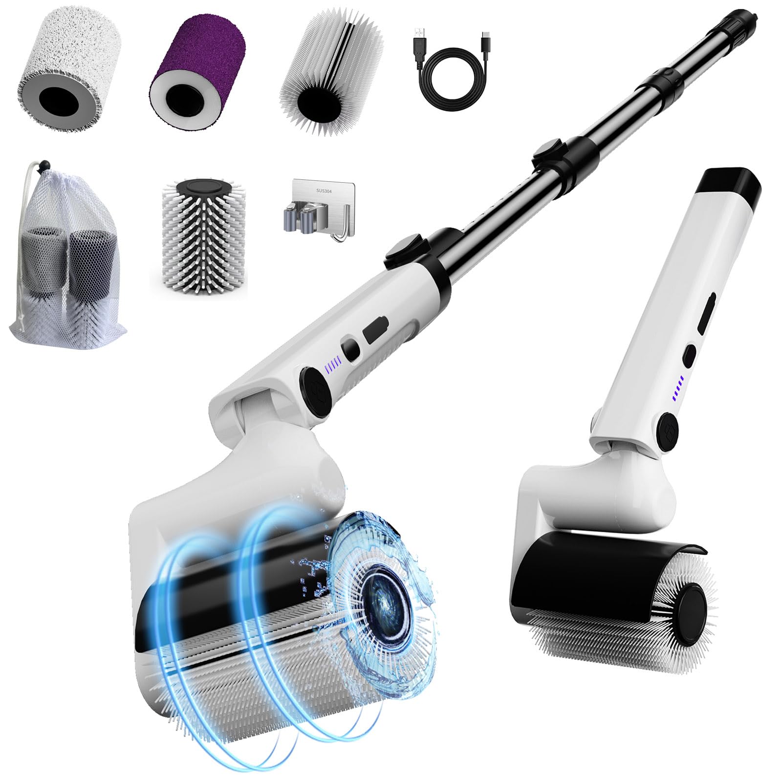 View 1 of Tiwiche Roller Electric Spin Scrubber - 2-Speed Waterproof Cordless Power Cleaning Brush, 4 Multi-Purpose Brush Heads & Telescopic Pole for Deep Floor, Bathroom, Furniture, Glass & Car Cleaning