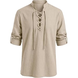 Cosvana Men's Renaissance Pirate Shirt Viking Costume for Halloween | 100% cotton long-sleeve shirt, lace-up, roll-up cuffs,