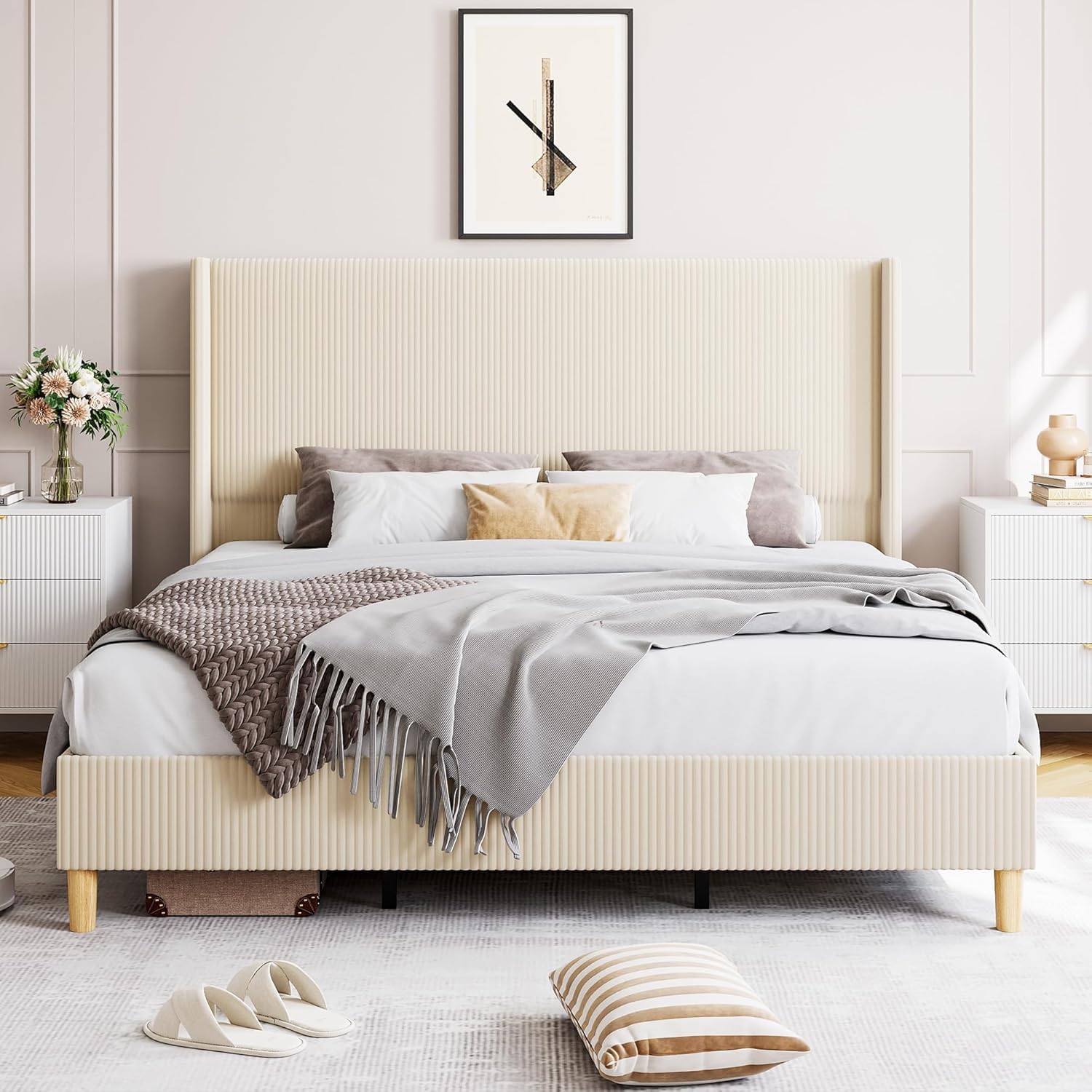 Photo 1 of ***partial set
GarveeHome Queen Bed Frame, Upholstered Platform Corduroy Bed Frame with Vertical Channel Tufted Wingback Headboard, Strong Wooden Slats, No Box Spring Needed, Easy Assembly, Creamy Beige