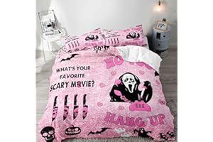 LUVIVIHOME 3PCS Funny Ghost Duvet Cover Queen Bedding Set, Teen Girl Bedding, Pink Duvet Cover, Gothic Spooky Scary Horror Scream Skull Face Knife Pumpkin Bat Halloween Comforter Cover, 2 Pillow Cases