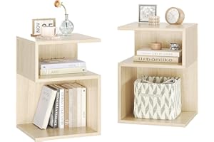 ODIKA Tokyo S Minimalist 3 Tier End Table - Minimalist 3-Tier Wood Nightstand for Small Spaces with Open Storage - Japanese-Inspired Bedside Table for Bedroom (Natural Combo,Set of 2)