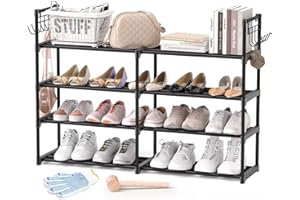 4-Tier Shoe Rack, Black Metal Shoe Racks, Stackable Shoe Shelf with Multifunctional Hooks, Hold 20 Pairs, Space Saving Shoe R