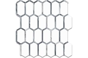 Vamos Tile Seamless Peel and Stick Tile Backsplash - 10 Sheets Stick on Backsplash Tiles for Kitchen and Bathroom White and Bardiglio Marble Long Hexagon PVC Self Adhesive Mosaic Wall Tiles
