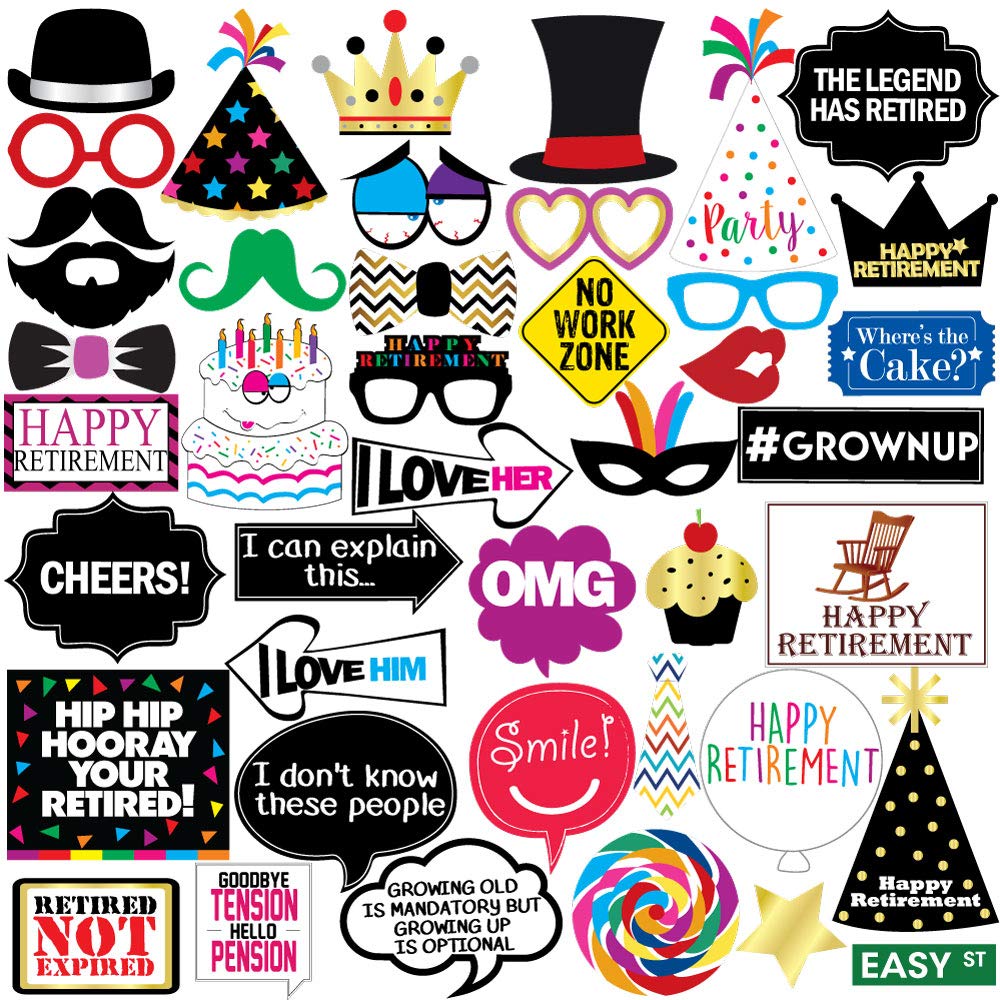 Retirement Photo Booth Props - 43 Pieces - Funny Happy Retirement Party Supplies, Decorations and Gifts