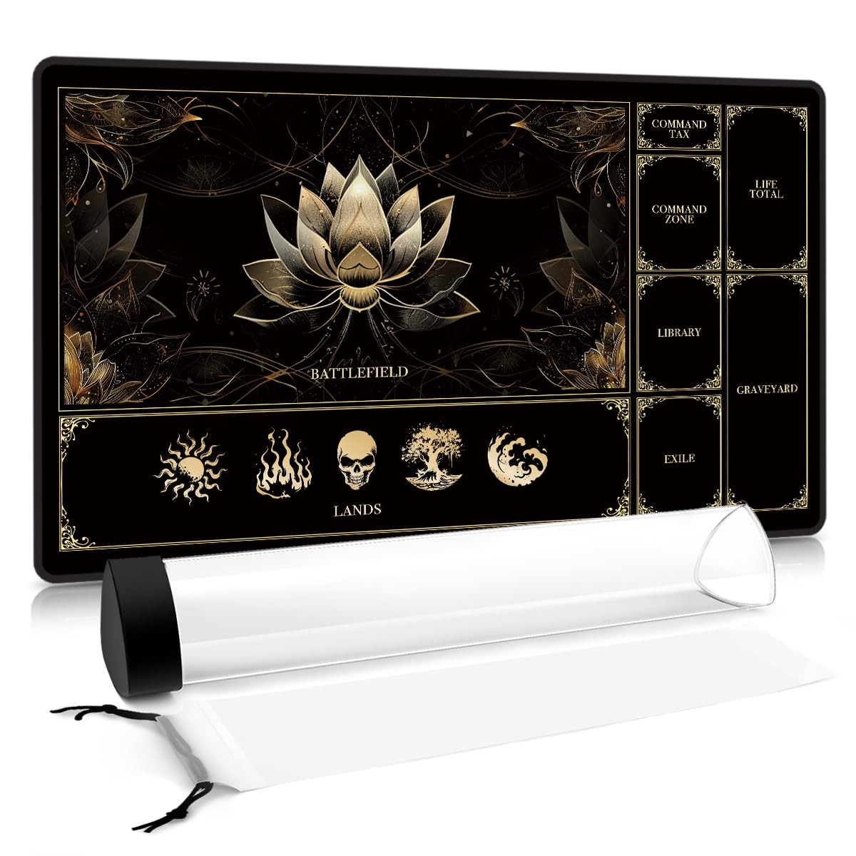 Photo 1 of MTG Playmat with Play Zones – Magic Play mat Card Game Mat for Magic The Gathering, Lotus & Basic Lands Design, 24x14 inch, Stitched Edge, Non-Slip Base with Prismatic Playmat Tube-Gold Lotus