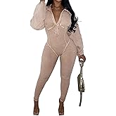 YAWJET Womens Distressed Long Sleeve Jumpsuits Sexy Ribbed Patchwork Bodycon Long Rompers Casual One Piece Outfits