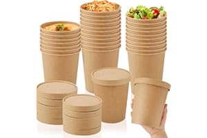 Sabary 50 Pack 16 oz Paper Soup Containers with Lid Disposable Kraft Soup Food Bowl Microwavable Food Storage Ice Cream Containers Nice for Restaurants(Brown)