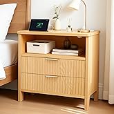 PATAVOT Fluted Nightstand with Charging Station, 23" Wide Night Stand with 2 Large Drawers & Storage Shelf, Natural Oak Wood Beside Table, Mid Century Modern Nightstand for Bedroom/Living Room
