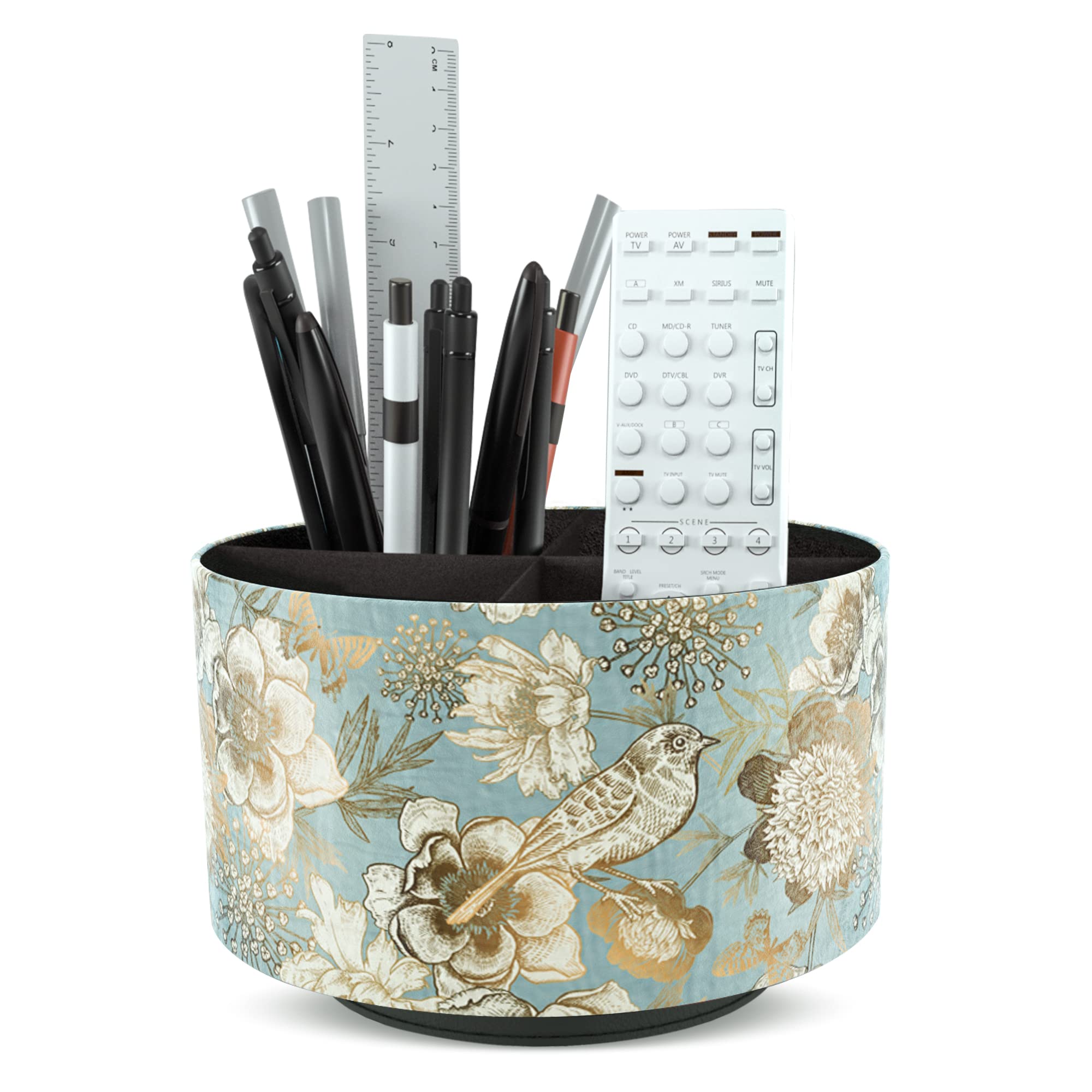 Czzmy Round Leather Art Supply Organizer,Remote Control Holder,360 Degree Spinning,Multi-Functional Pencil Holder,4 Compartments Desktop Stationary Organizer(1-Blue Bird) — image 1