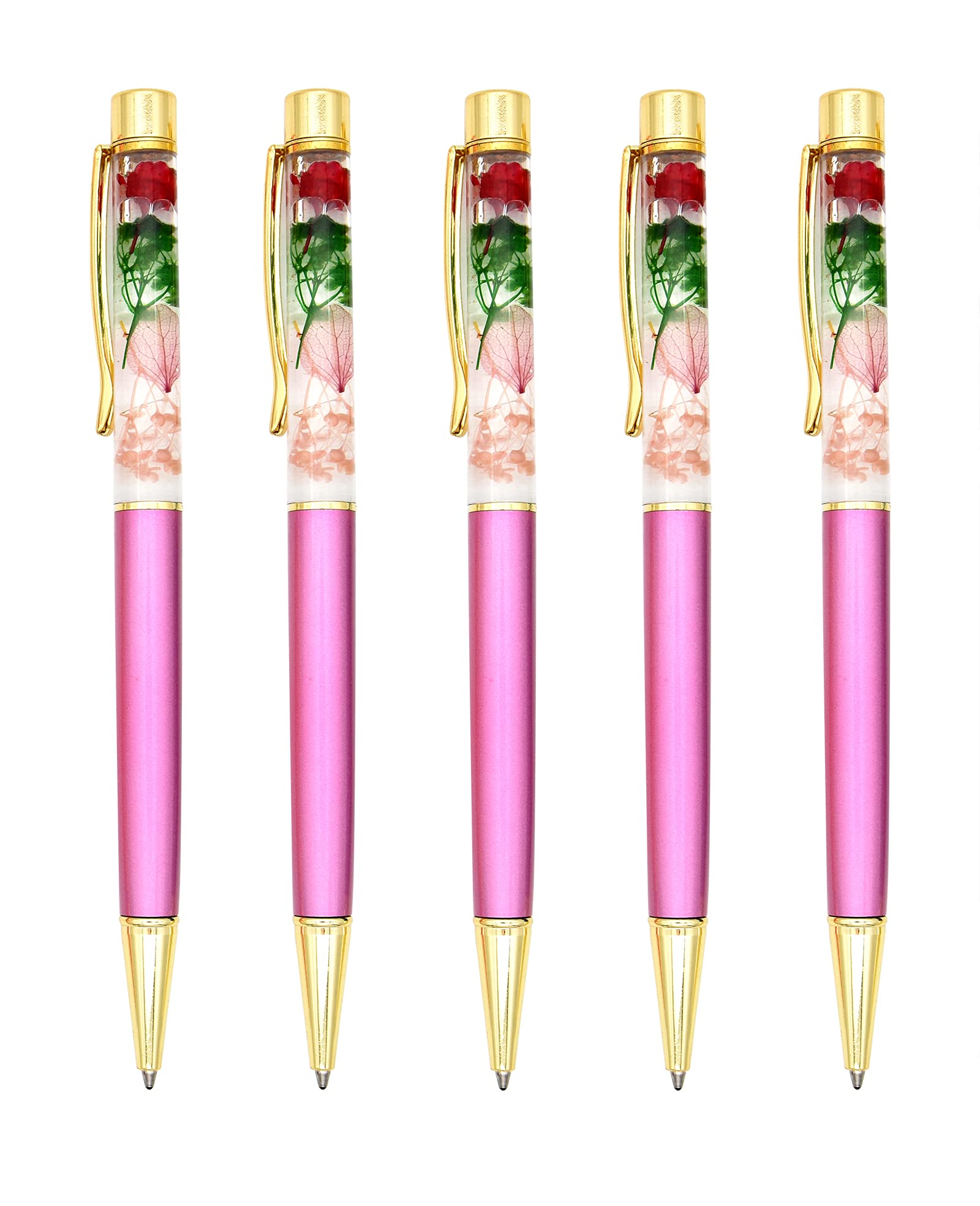 Gullor 5 Pieces Liquid Floral Ballpoint Pens for Gift, Fancy Metal Unique Flower Set for Desk Accessories, Light purple