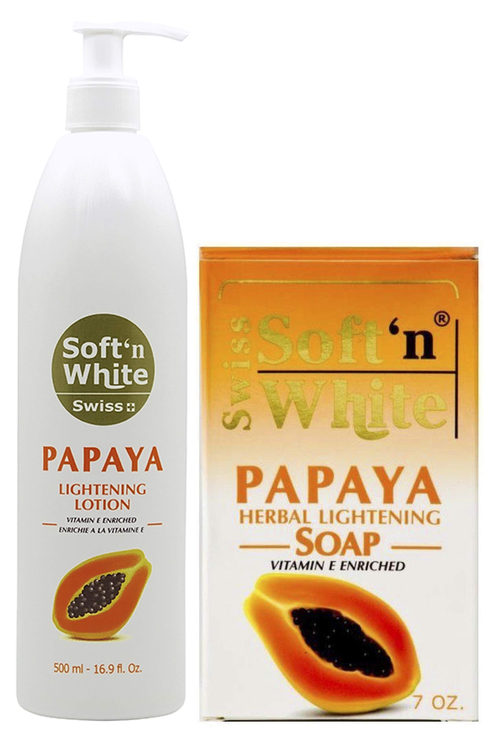 Swiss Soft N White Papaya Herbal Lightening Soap 7 Oz + Swiss Papaya Lightening Lotion Vitamin E Enriched 500 ml