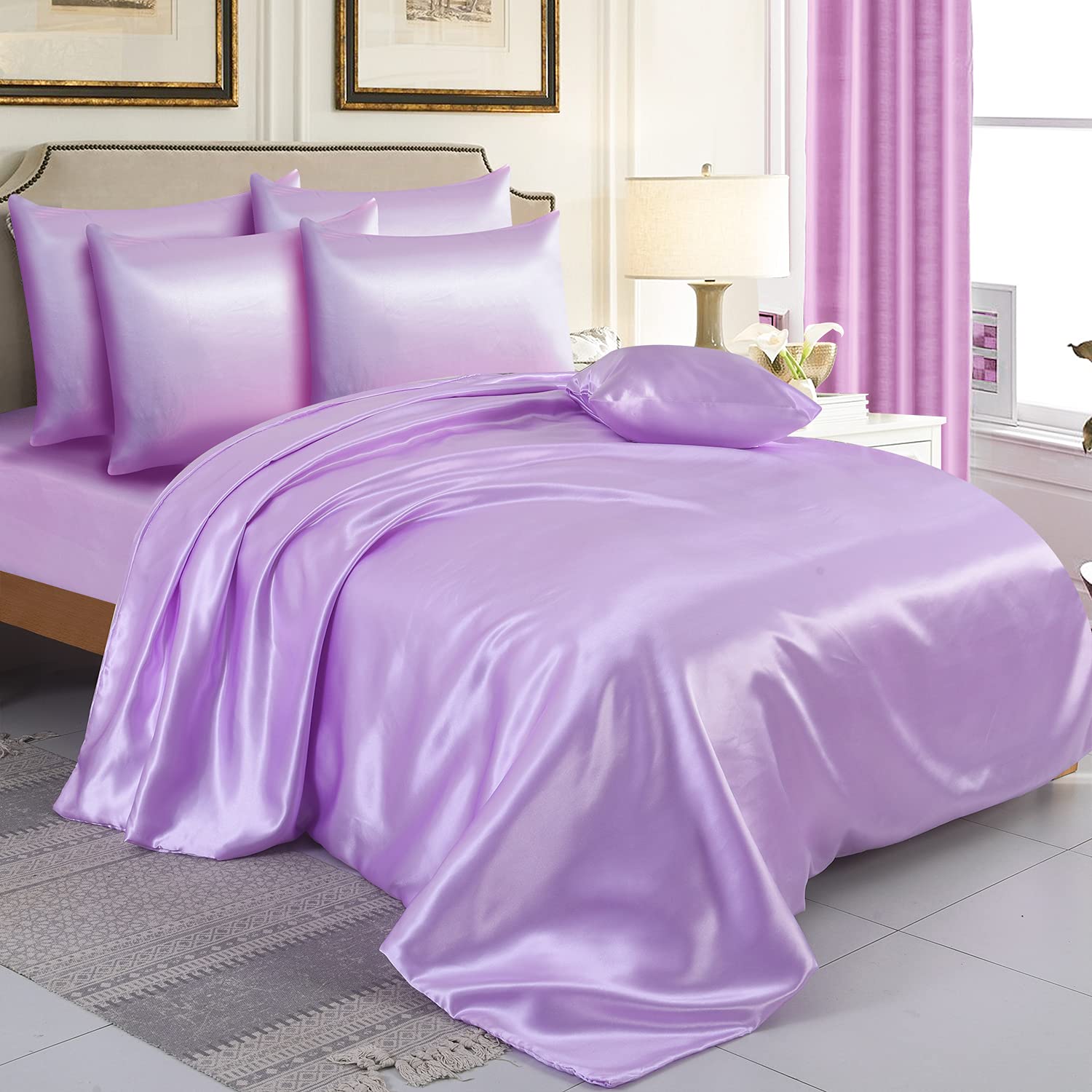 ZIMEL HOMES Six Pieces Satin Bedding Sets Duvet Cover, Fitted Sheet, 4 Pillowcases | Complete Silky Bedding Set (Lilac, King)