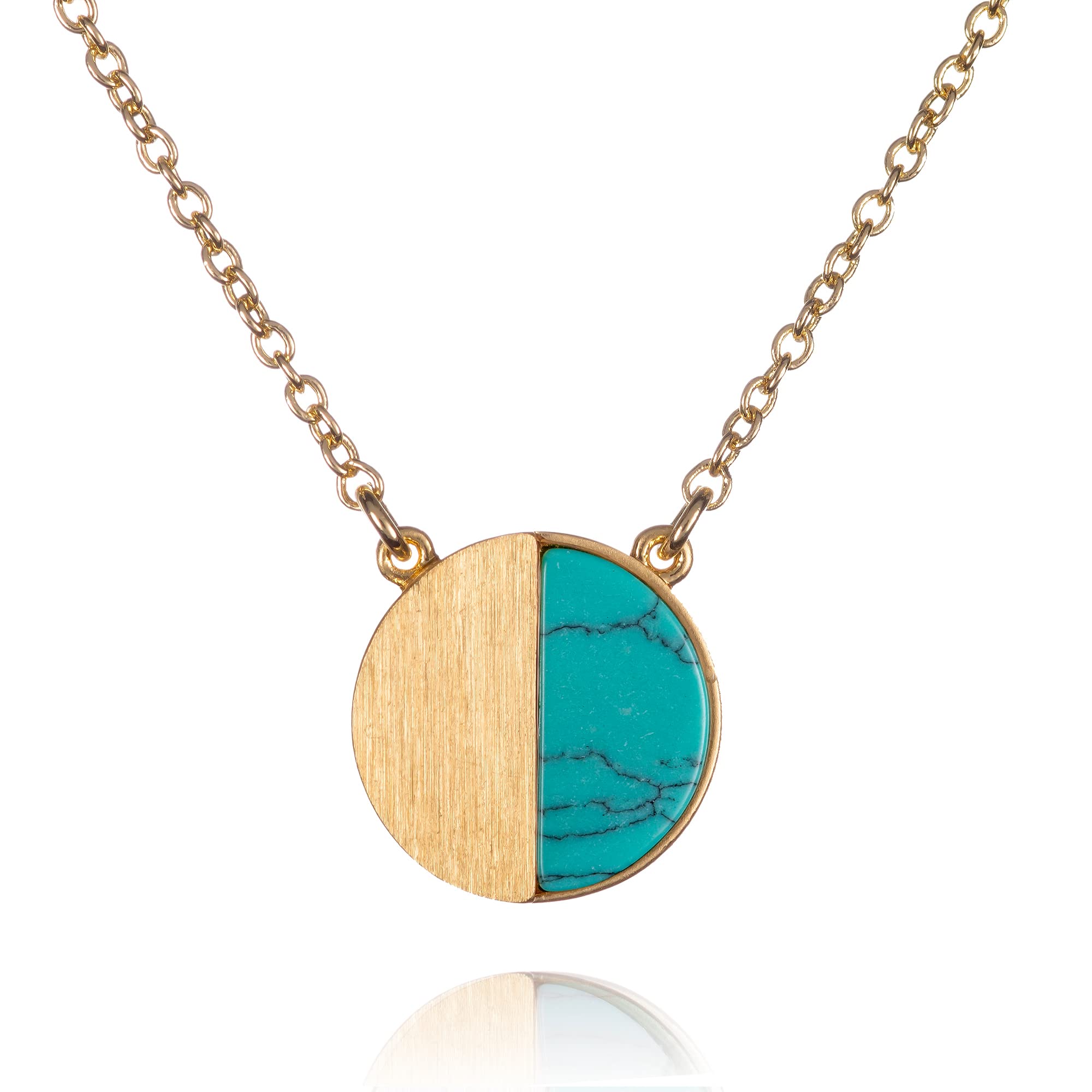 namana Turquoise Disc Pendant Necklace for Women and Teen Girls, Brushed Finish Geometric Gold Necklaces for Women with a Created Blue Turquoise Stone, Turquoise Jewellery for Women
