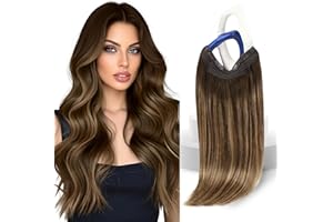 Sunny Hair Wire Hair Extensions Real Human Hair Fish Line Human Hair Extensions Invisible Wire Extensions Dark Brown to Caramel Blonde with Dark Brown Highlights #4/27/4 18 Inch