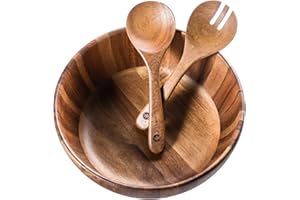 Bill.F Wooden Salad Bowl, 12'' Acacia Wood Salad Bowls Set Large Salad Mixing Bowl with Servers-3-Piece Big Salad Bowl Set