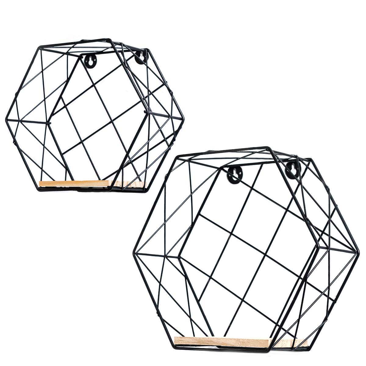 Floating Shelves Wall Mounted Metal Wire Art Hexagon Shelves with Solid Wood Board for Plant Display, Storage Racks & Organiser, Home Decoration Wall Shelf Set of 2 (Black, Grid)
