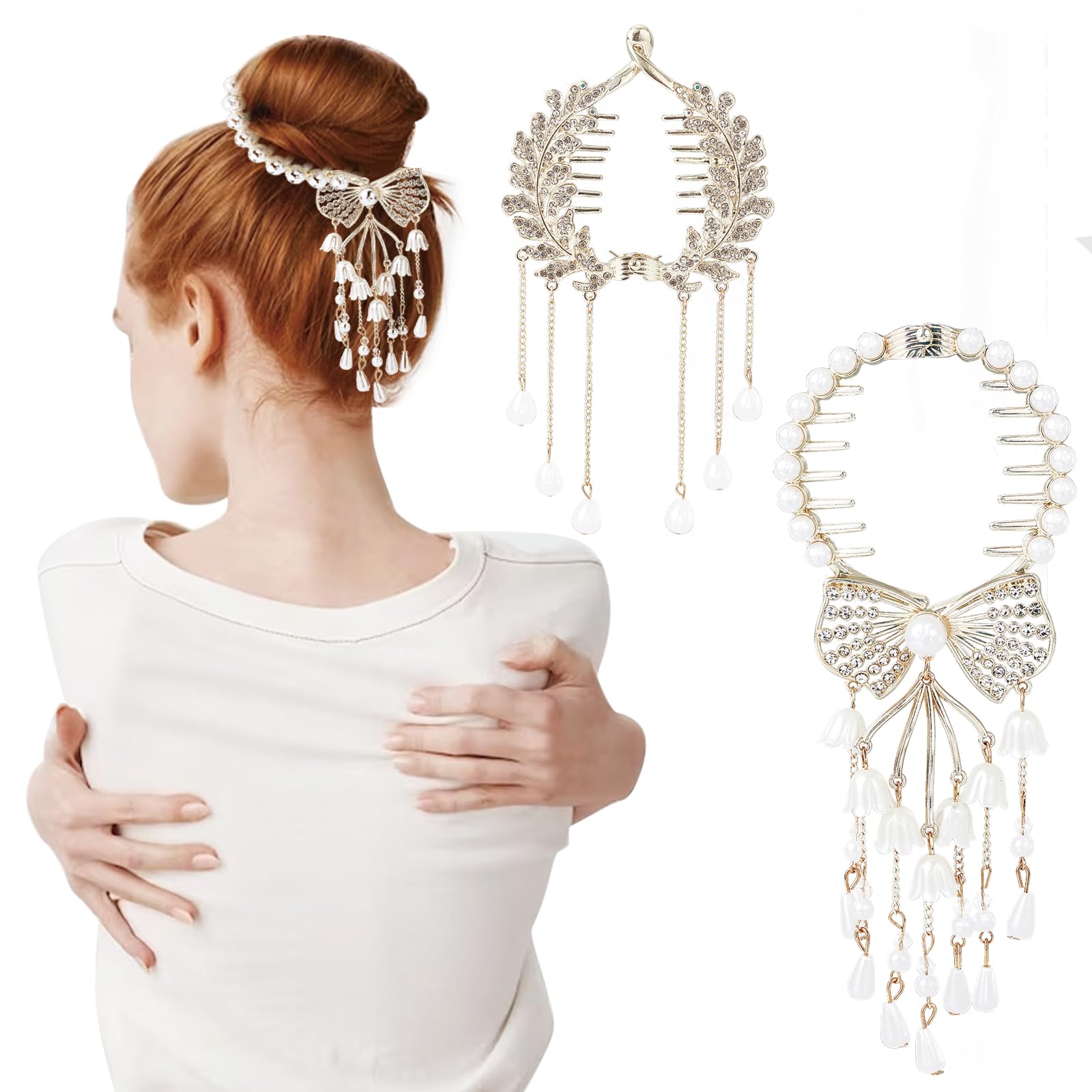 NICENEEDED Pearl Tassel Ponytail Hair Clip, Rhinestone Buckle Hairpin, Vintage Glitter Vine Bun Holder Hair Cuff Metal Hair Claw Jewelry Barrettes for Women Girls Wedding Party Prom 2PCS