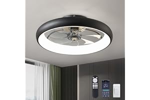 LUDOMIDE Ceiling Fans with Lights 20'' Flush Mount Fan Remote & APP Control Black Low Profile 6 Wind Speeds Smart Dimmable LED for Bedroom Living Room (Y1095-BK-ELE)