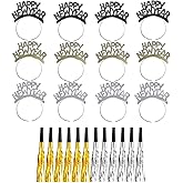 Tawecrew 24 Pieces New Years Eve Party Supplies 2026,Happy New Year Headband Tiara,Metallic Fringed Noise Makers Gold Sliver for Kids and Adults