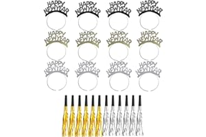 Tawecrew 24 Pieces New Years Eve Party Supplies 2026,Happy New Year Headband Tiara,Metallic Fringed Noise Makers Gold Sliver for Kids and Adults