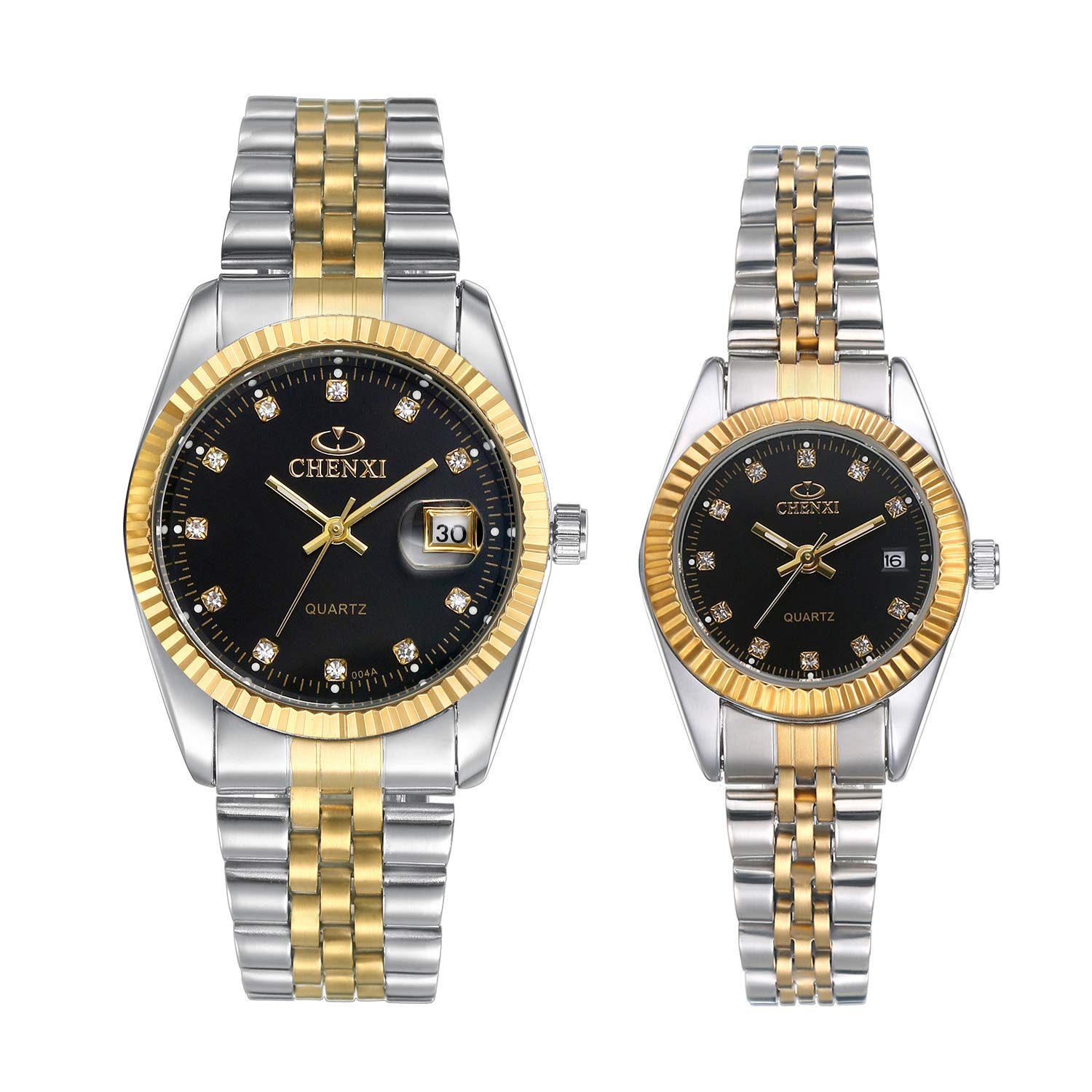 JewelryWe His and Her Matching Couple Watches Gold-Silver Tone Quartz Calendar Watch,2PCS Black