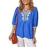 Dokotoo Summer Tops for Women 2025 Casual Solid V Neck Short Sleeve T Shirts Blouse Fashion 3/4 Half Sleeve Geometric Embroidered Business Work Blouses Shirts Tops Dressy Cute Womens Outfits Blue S