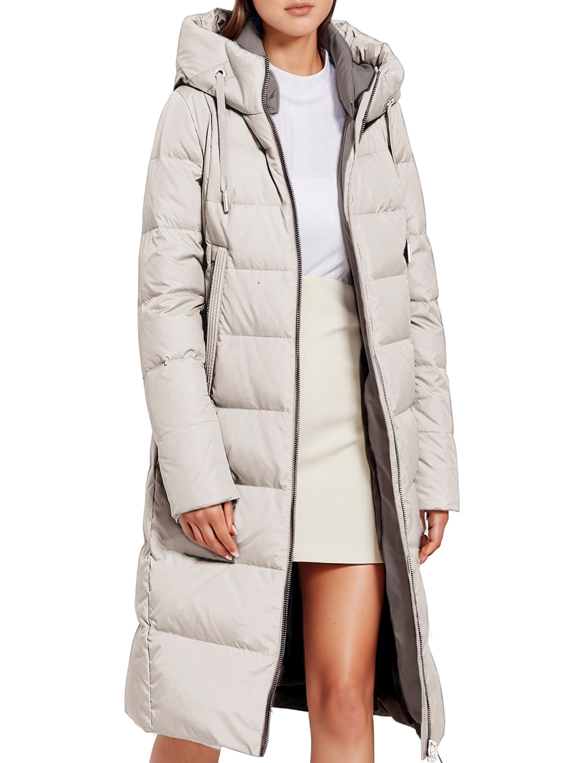 Photo 1 of Xuehaya Women's Long Puffer Jacket Casual Zip Up Quilted Hooded Thickened Warm Winter Padded Down Coat Outerwear(Beige-L)