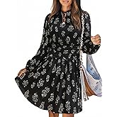CUPSHE Women's Floral Mini Dress Tie Neck Puff Sleeves Ruffle A Line Tunic Casual Fall Dress