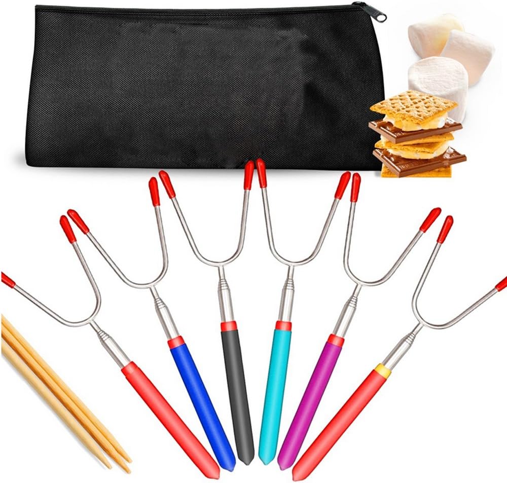 CreativeXpressCo Marshmallow Roasting Sticks - Hot Dog Fork, Smores Sticks, Telescoping, Bonus Canvas Bag- Safe for Kids, Camping cookware, Set of 4