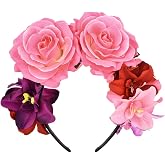 DreamLily Day of the Dead Headband Costume Rose Flower Crown Halloween Headpiece BC40 (Mexican Festival Crown Pink)