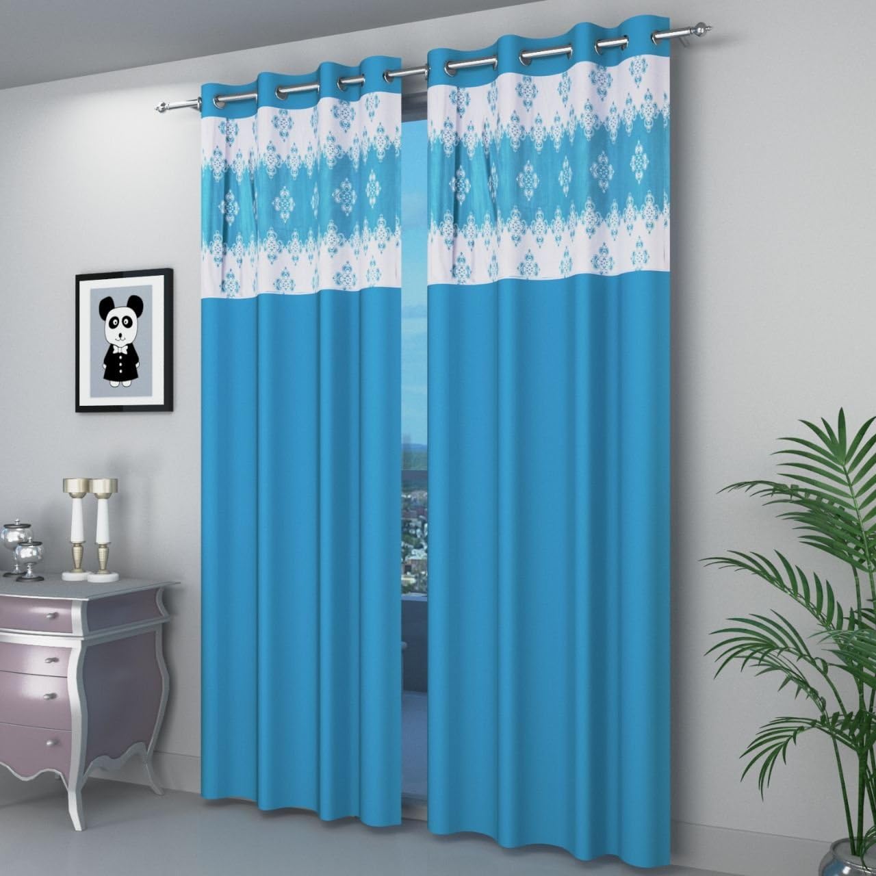 Homesazz Velvet Floral Design Ethnic Long Door Curtains (Sky Blue) - Set of 2