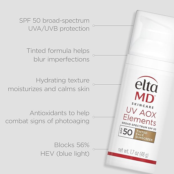 ELTAMD UV AOX ELEMENTS TINTED MINERAL FACE SUNSCREEN LOTION, TINTED MOISTURIZER FOR FACE SPF 50 WITH ANTIOXIDANTS, FOR DRY SENSITIVE SKIN 1.7 OZ PUMP