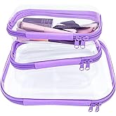 YOQIVEXU 3 Pcs Clear Hard Zipper Case, Hard Shell Plastic Clear Organizer Bag, Transparent Makeup Pouches, Portable Box for Travel Toiletries Storage Bins (Purple)
