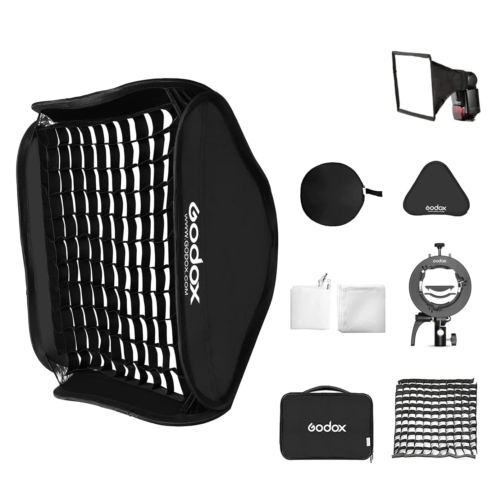 GODOX 32x32inch /80x80cm Foldable Flash Softbox Kit with Grid, Godox S2 S-Type Speedlite Bracket Bowens Mount and Carrying Case for Camera Flash Speedlight Studio Photography Video Shooting