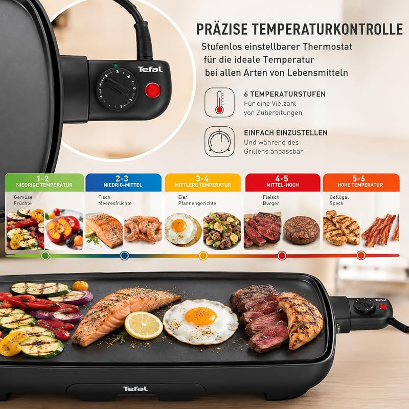 Malaga Plancha, Elektrischer Tischgrill, 2000 W, extra große Grillfläche, stufenlos regelbarer Thermostat, Antihaftbeschichtung, Thermo-Spot, Fettablaufrinne, für 6–8 Personen, Schwarz, CB501812