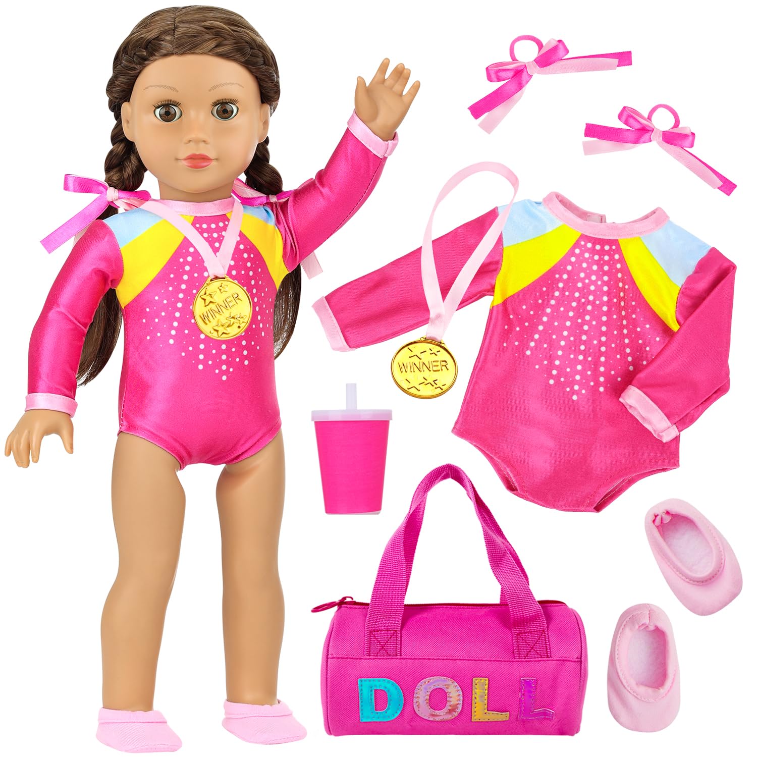 Photo 1 of ***(NO DOLL INCLUDED -MISSING -SELLING AS PARTS ONLY)*** 
K.T. Fancy 18 Inch Doll Gymnastics Clothes Set - Pink Leotard, Shoes, Gym Bag, Olympic Medal, Water Bottle & Hair Accessories for Play, Doll Not Included