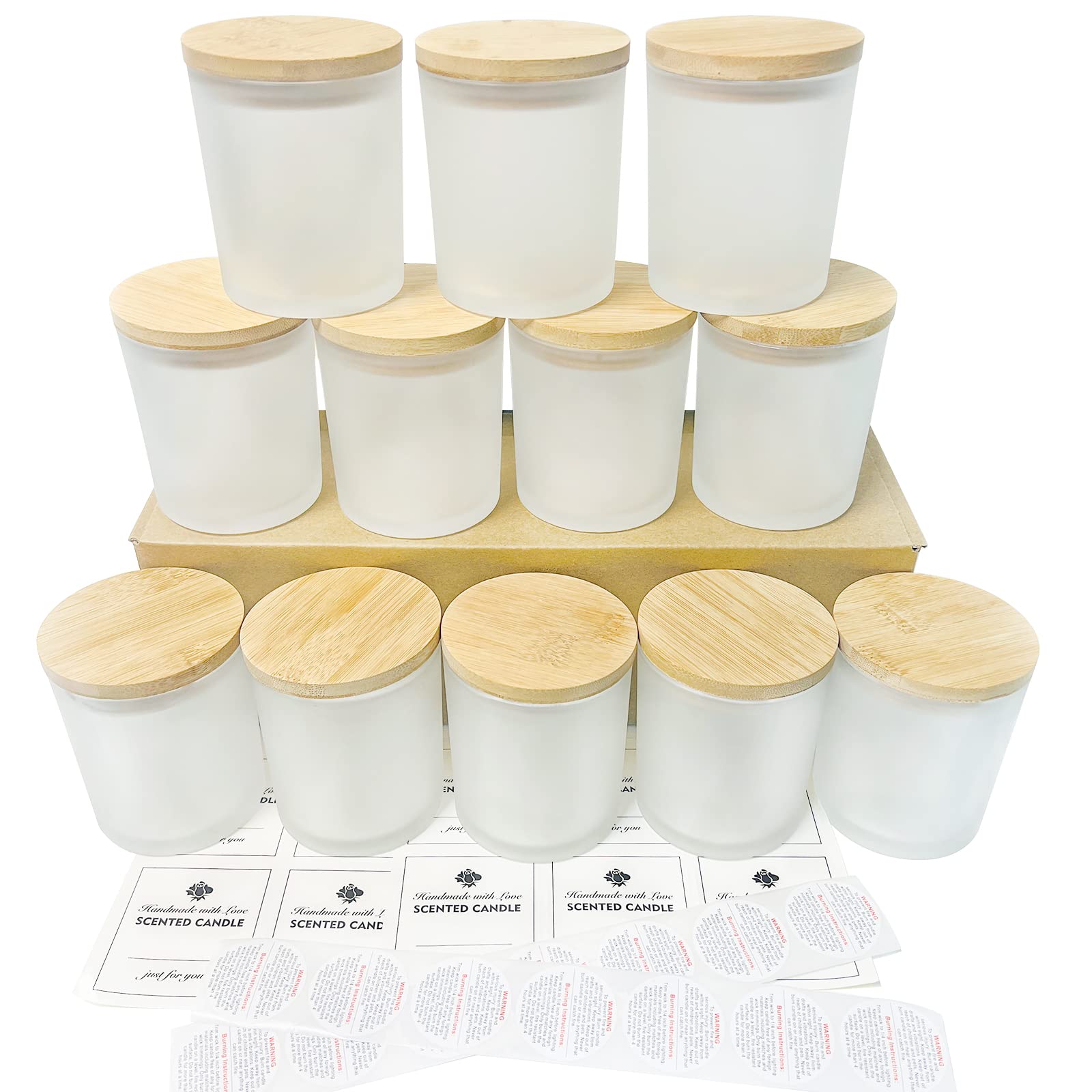 Photo 1 of CONNOO 12Pack 10 oz Frosted Glass Candle Jars with Bamboo Lids for Making Candles Empty Candle Tins with Wooden Lids, Bulk Clean Candle Containers - Dishwasher Safe