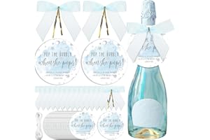 MotiMind 50 Set Pop Bottle Tags, Champagne Baby Shower Favor Labels When Pops Tags with Bows and Ribbon for Party Guest Gifts(Blue)