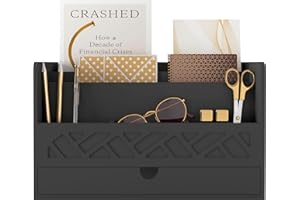 Wisuce Bamboo Mail Organizer Countertop Desktop with Drawer - Desk Organizer with File Organizer for Office Supplies All-in-One Desk File Organizer with Pencil Holder for Paper Letter Envelope Bill