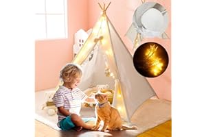 Chapou Teepee Tent for Pets Large Teepee Tent for Dogs and Cats with Lights Pompom Balls Washable Foldable Cotton Oversize Boho Tent Indoor Outdoor Multiple Pets Game Tent(White)