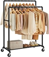 SONGMICS Clothes Rail on Wheels Heavy-Duty with 2 Hanging Rails and Shelf