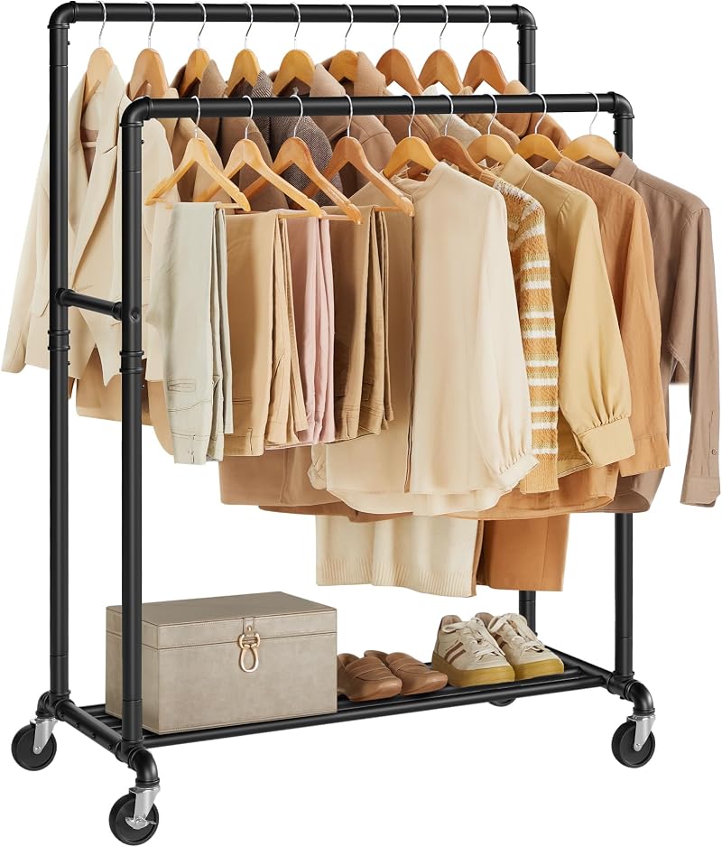 SONGMICS Clothes Rail on Wheels Heavy-Duty with 2 Hanging Rails and Shelf