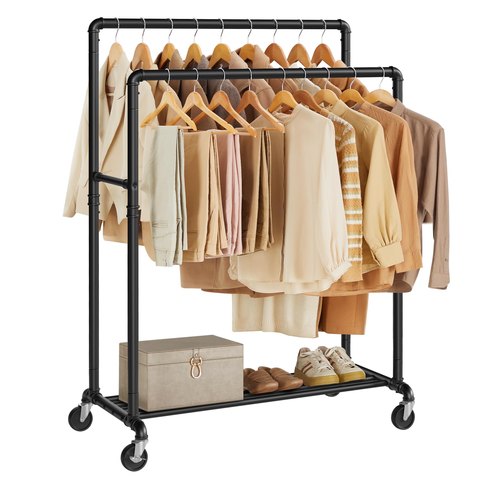 SONGMICS Clothes Rail on Wheels, Clothes Rack for Bedroom, Heavy-Duty Clothing Rail with 2 Hanging Rails and Shelf, 2 Castors with Brakes, Maximum Load of 110 kg, Black HSR60B