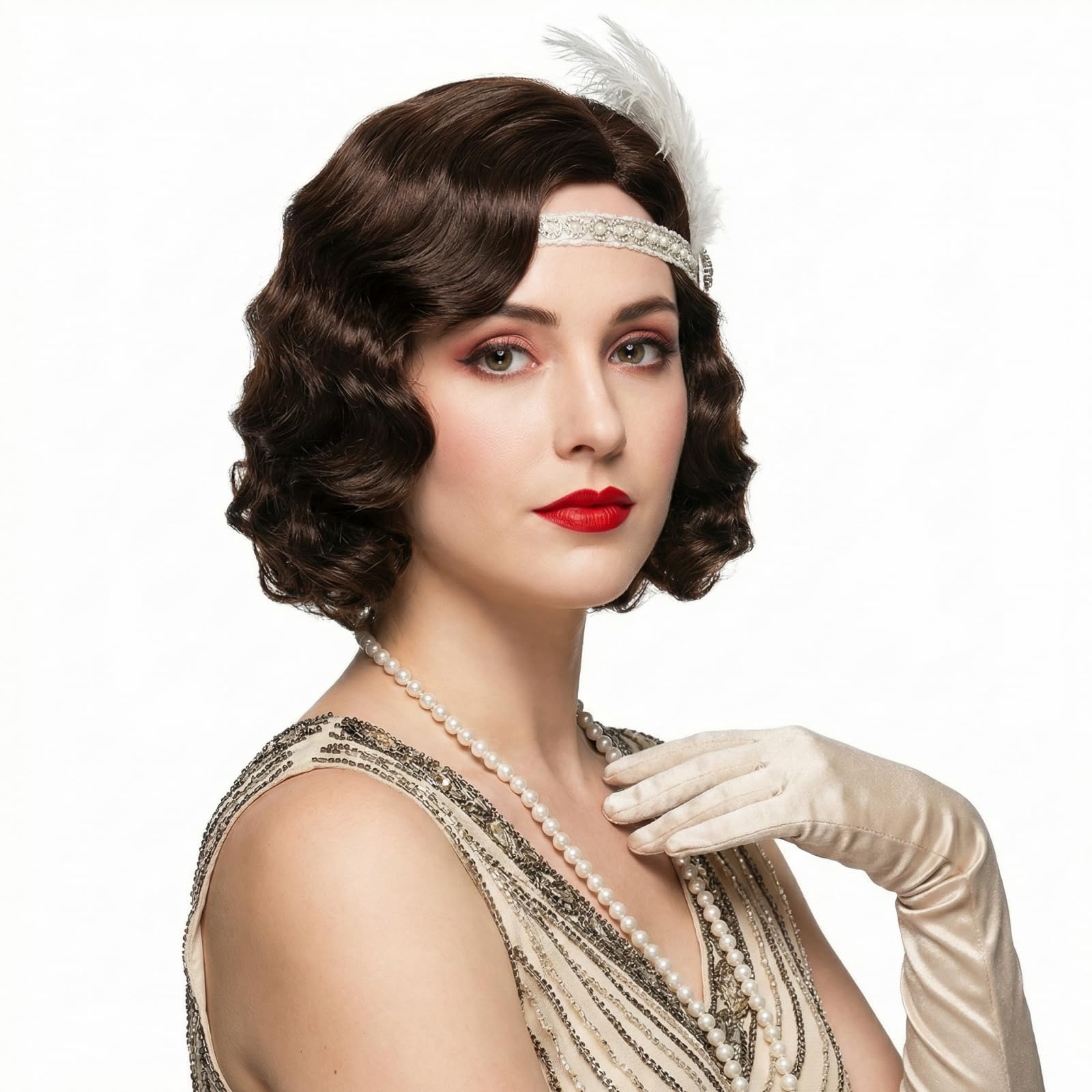 REEWES Long Brown 1920s Finger Wave Curly Short Wig - Synthetic Heat Resistant Full Wig for Women's Cosplay & Fancy Dress
