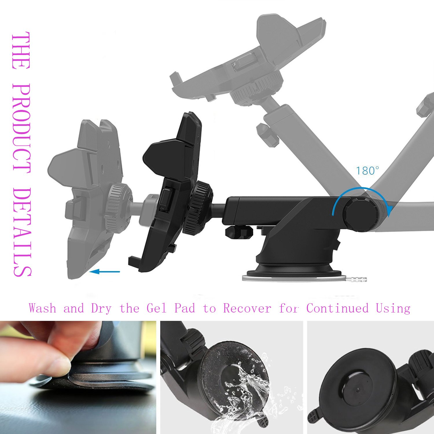 Stable Car Mount Phone Holder,Universal Windscreen Dashboard Mobile Phone Mount Car Cradle Suction Cup Adjustable Long Telescopic Arm with Auto Release for iPhone 7 Plus/7/6S Plus/6Plus/6S/6/5,Samsung Galaxy S8 S7 S6 Note 5/4/3 HTC, Nokia, 