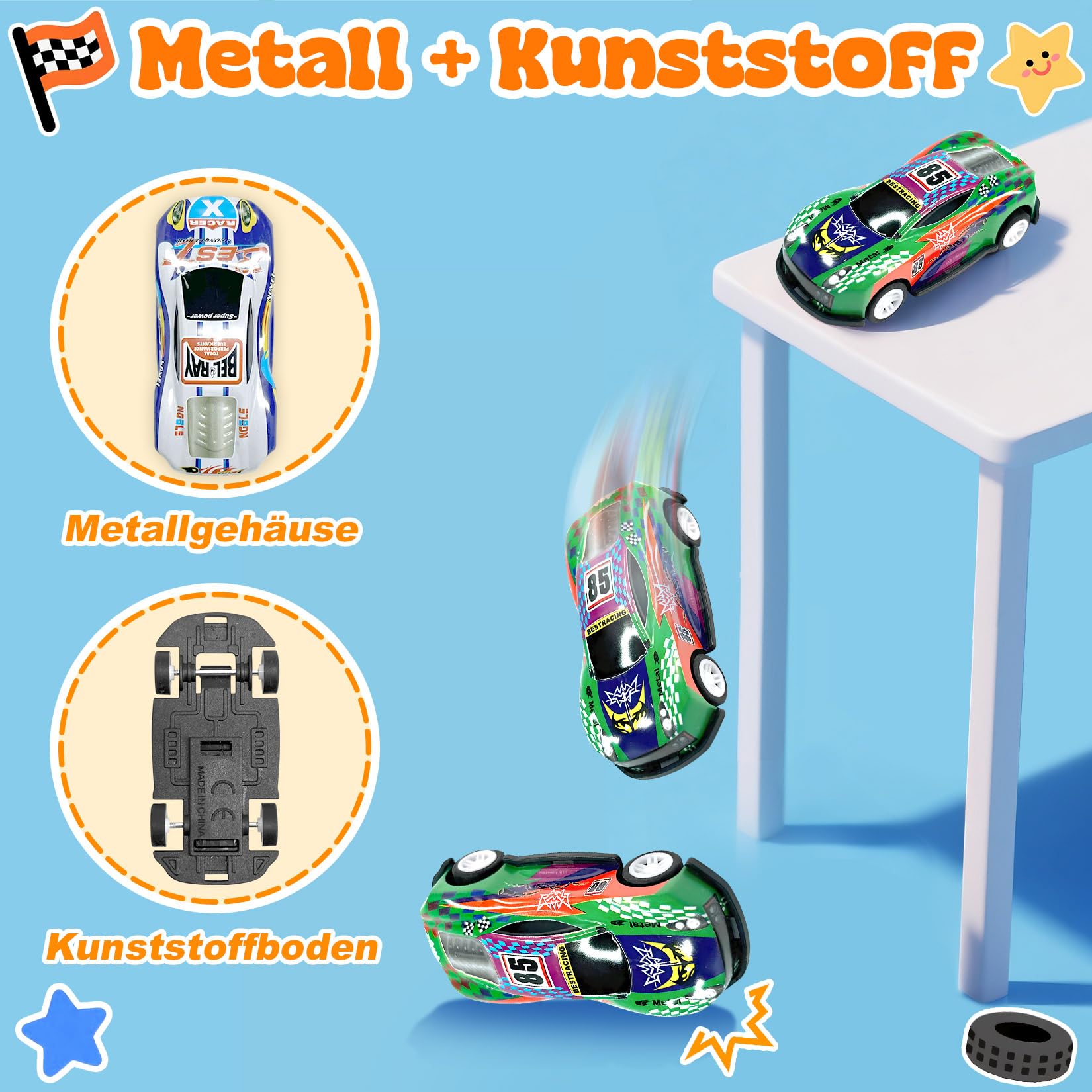 TOYABI Auto Spielzeug Set, 10 Stück Spielzeugautos Metall mit spielteppich & Katapult, Kleine Spielzeugauto, Autos Zurückziehen Fahrzeuge, Geburtstag Geschenk für Kinder ab 3 4 5 6 7 8 Jahre 6