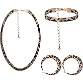 Teaaha Leopard Necklace, Earrings, Multilayer Leather Cuff Bracelet Wrap Bangle for Women, Long Tassel Leopard Print Pendant Necklace Boho Animal Print Jewelry for Parties, Daily Wear, Gifts